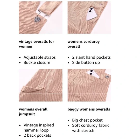 NWT Corduroy Baggy Bib Carpenter Stretch Overalls Straight Leg Green Women Large - Picture 2 of 4